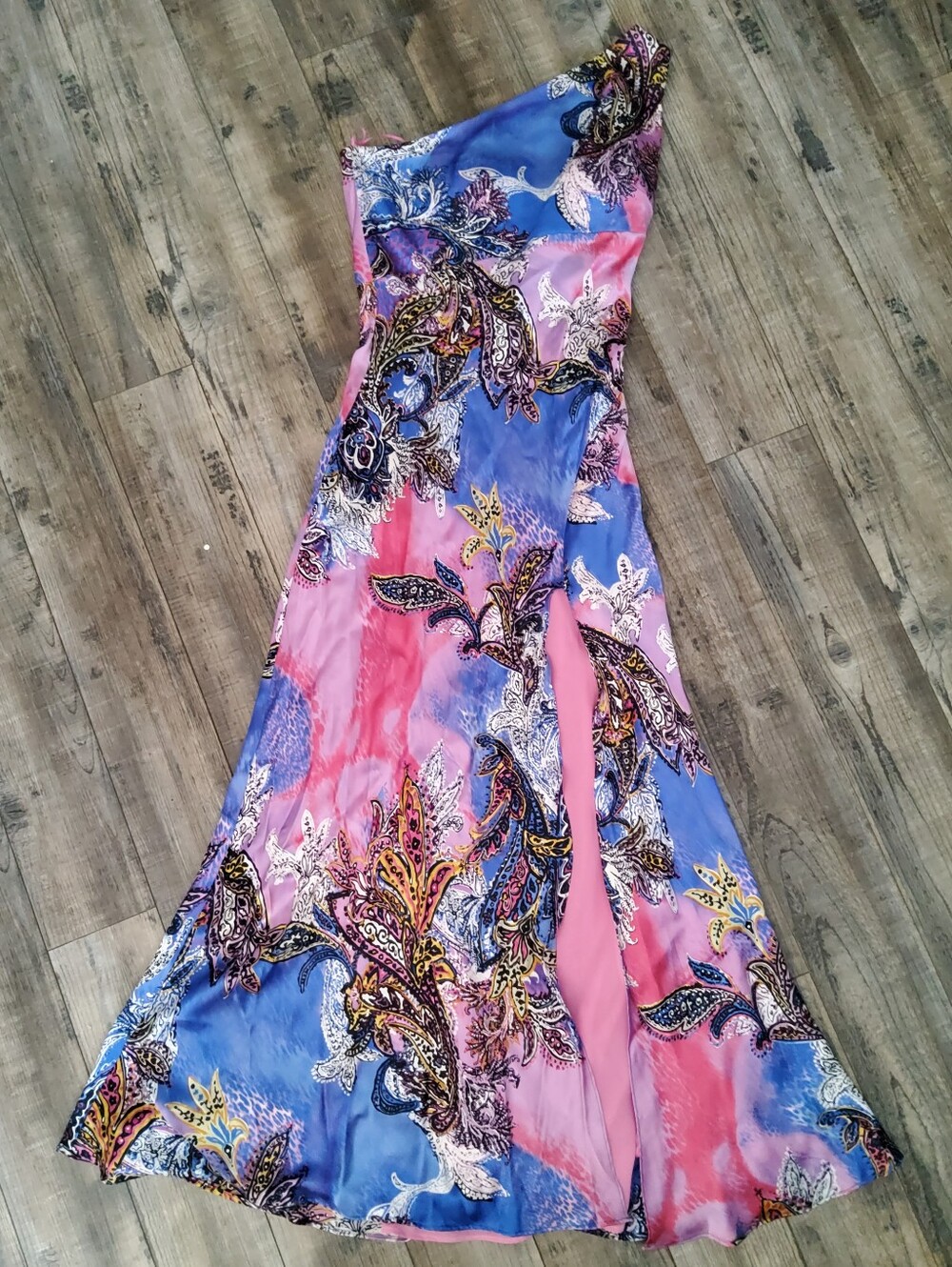Mary L Couture Silk One Shoulder Paisley-Print Gown Dress